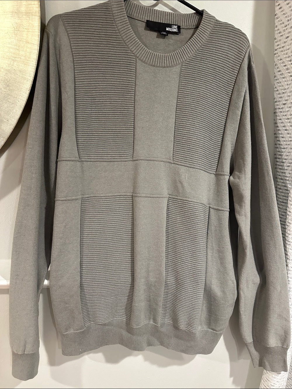 Love Moschino Men's Gray Ribbed Panel Crewneck Sweater
